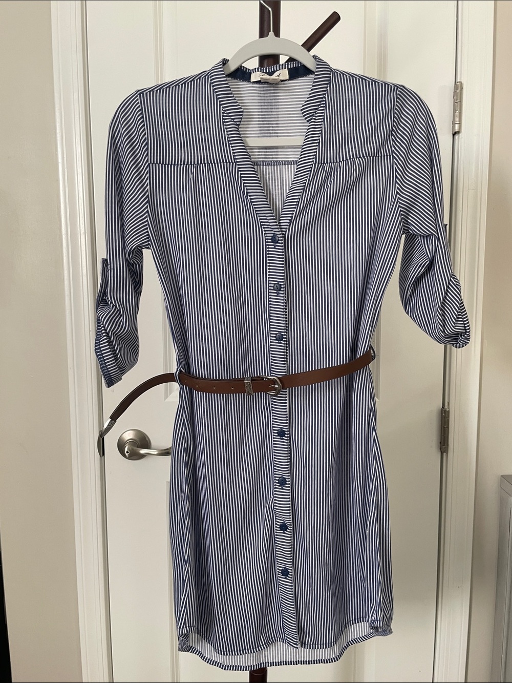 Passport Navy and White Striped Midi Shirt Dress with Brown Belt